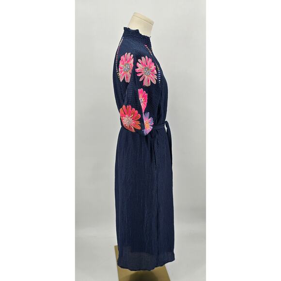 THML Navy Embroidered Puff Sleeve Textured Midi Dress XS - Picture 2 of 7